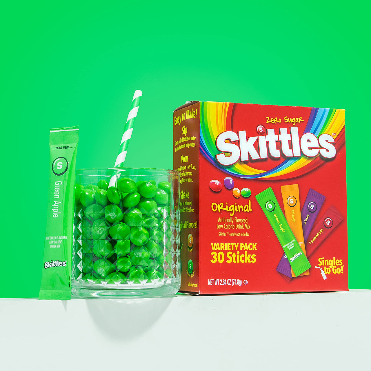 Skittles Singles To Go Variety Pack, Powdered Drink Mix, Zero Sugar, Low Calorie, Includes 4 Flavors: Green Apple, Strawberry, Grape, Orange, 1 Box (30 Single Servings)
