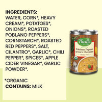 Pacific Foods Organic Poblano Pepper and Corn Chowder, Vegetarian Soup, 16.3 Oz Can