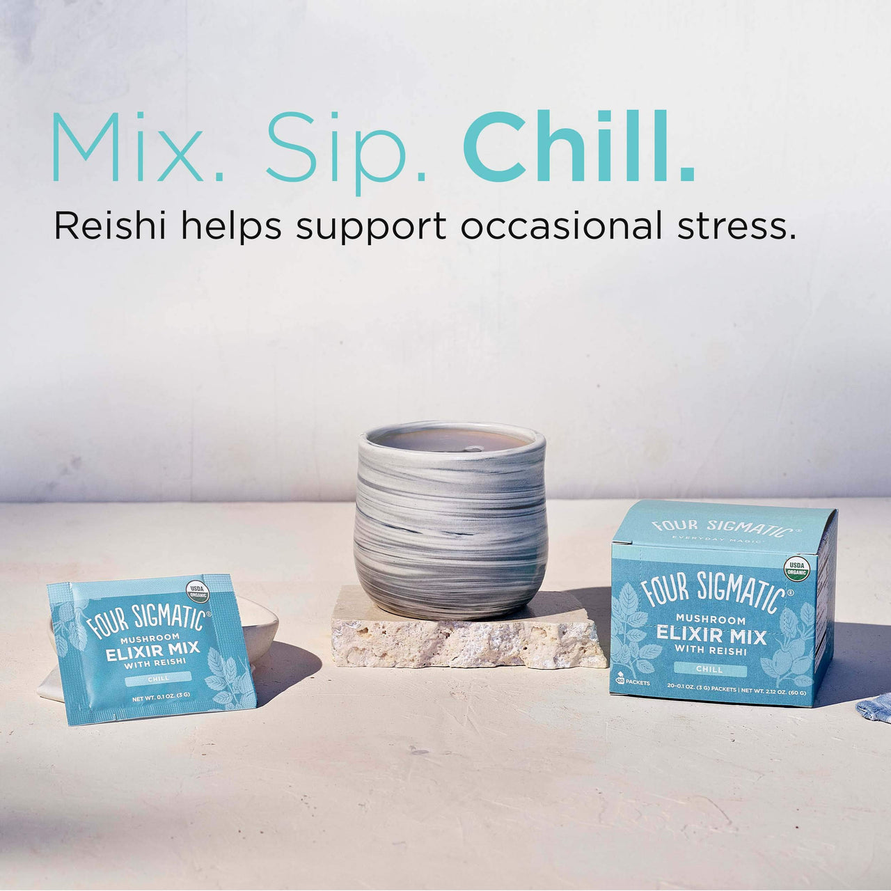 Reishi Mushroom Elixir Mix by Four Sigmatic | Coffee Alternative with Organic Reishi Mushroom Powder, Tulsi, Rose Hips & Mint | Support Stress & Sleep | Decaf, Vegan, Gluten-Free & Keto | 20 Packets