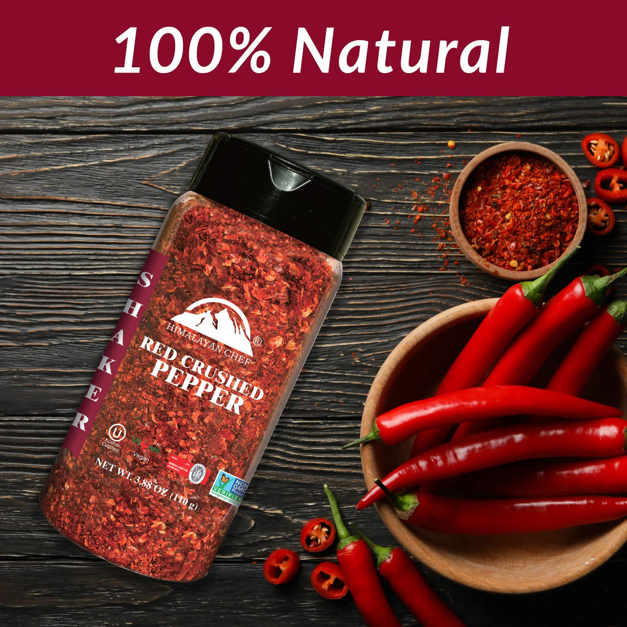 Himalayan Chef Red Crushed Pepper Shaker - Organically Crushed Red Chili Pepper Flakes Great for Pizza, Chowder, Seafood, and Pasta (3.88 Oz)