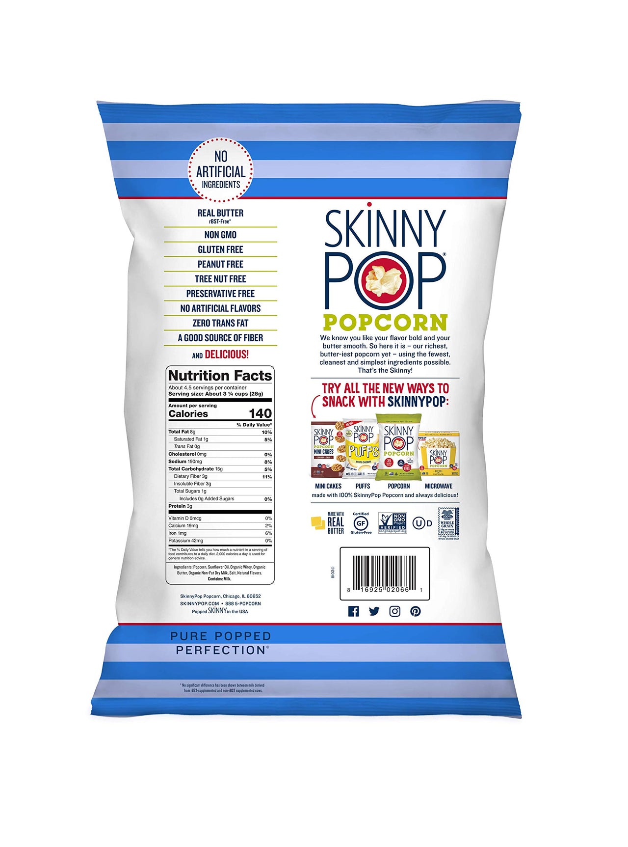 SkinnyPop Butter Popcorn, Gluten Free, Non-GMO, Healthy Popcorn Snacks, Easter Snacks, Skinny Pop, 4.4oz Grocery Size Bag