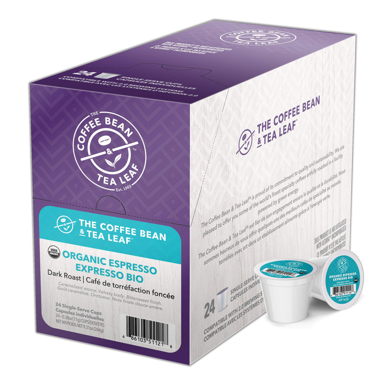Coffee Bean and Tea Leaf Coffee Pods, Organic Espresso Coffee, Dark Roast Coffee for Keurig K Cups Brewers, 24 Count