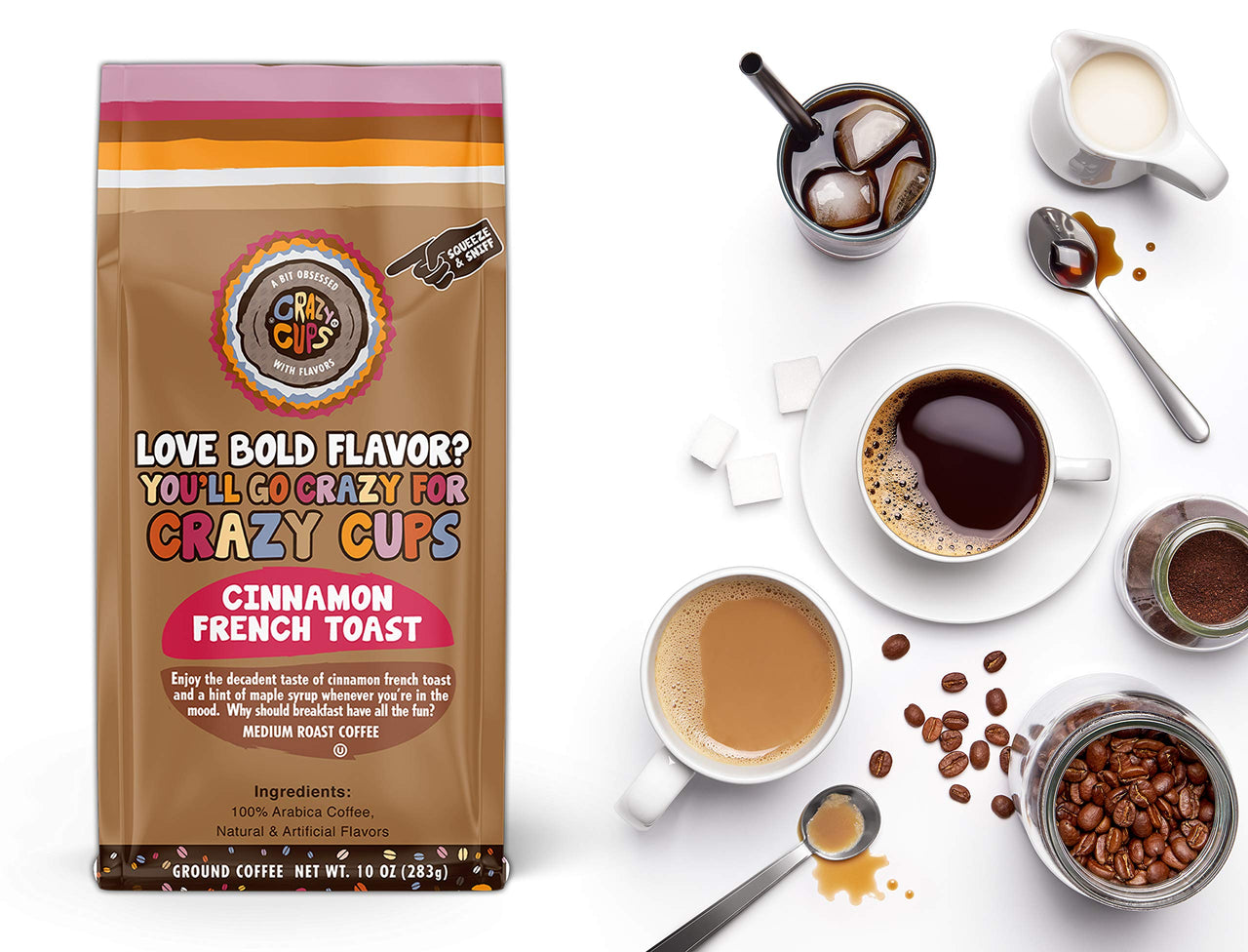 Crazy Cups Flavored Ground Coffee, Cinnamon French Toast, in 10 oz Bag, For Brewing Flavored Hot or Iced Coffee