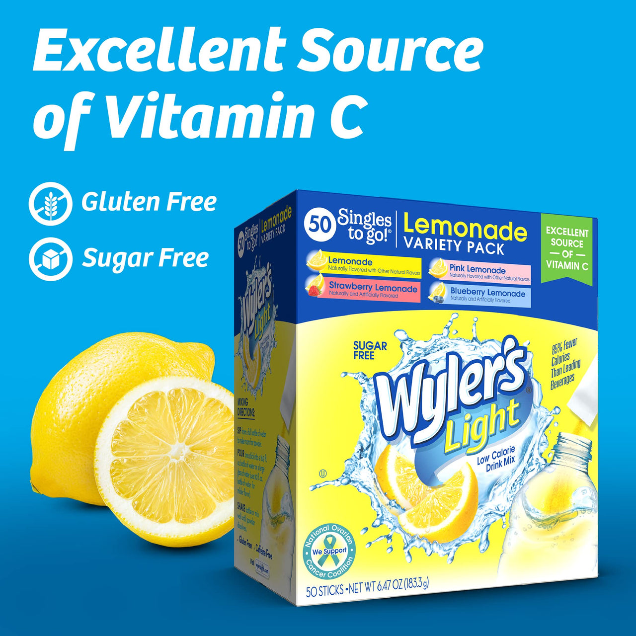 Wyler's  Light Singles to Go Powder Packets, Water Drink Mix, Variety Pack, Pink, Strawberry & Blueberry Lemonade, Sugar & Caffeine Free, On-The-Go, 40 Count