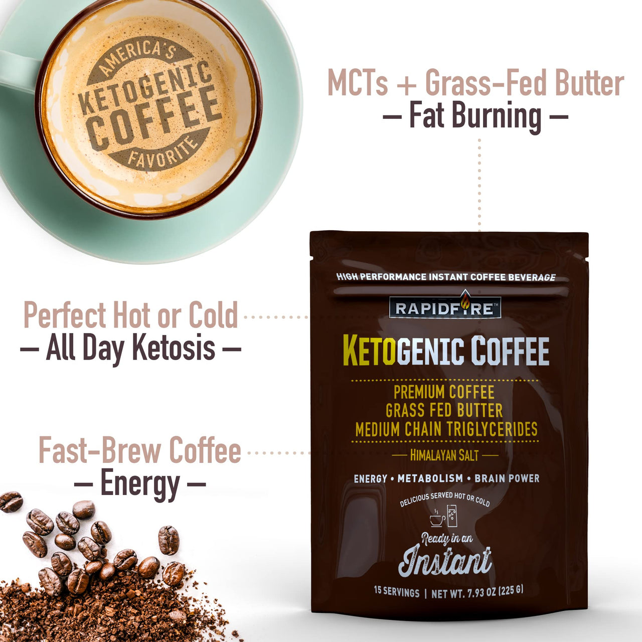 Rapidfire Ketogenic High Performance Instant Coffee Mix, Supports Energy and Metabolism, 15 Servings, brown, 7.93 ounce (pack of 1)