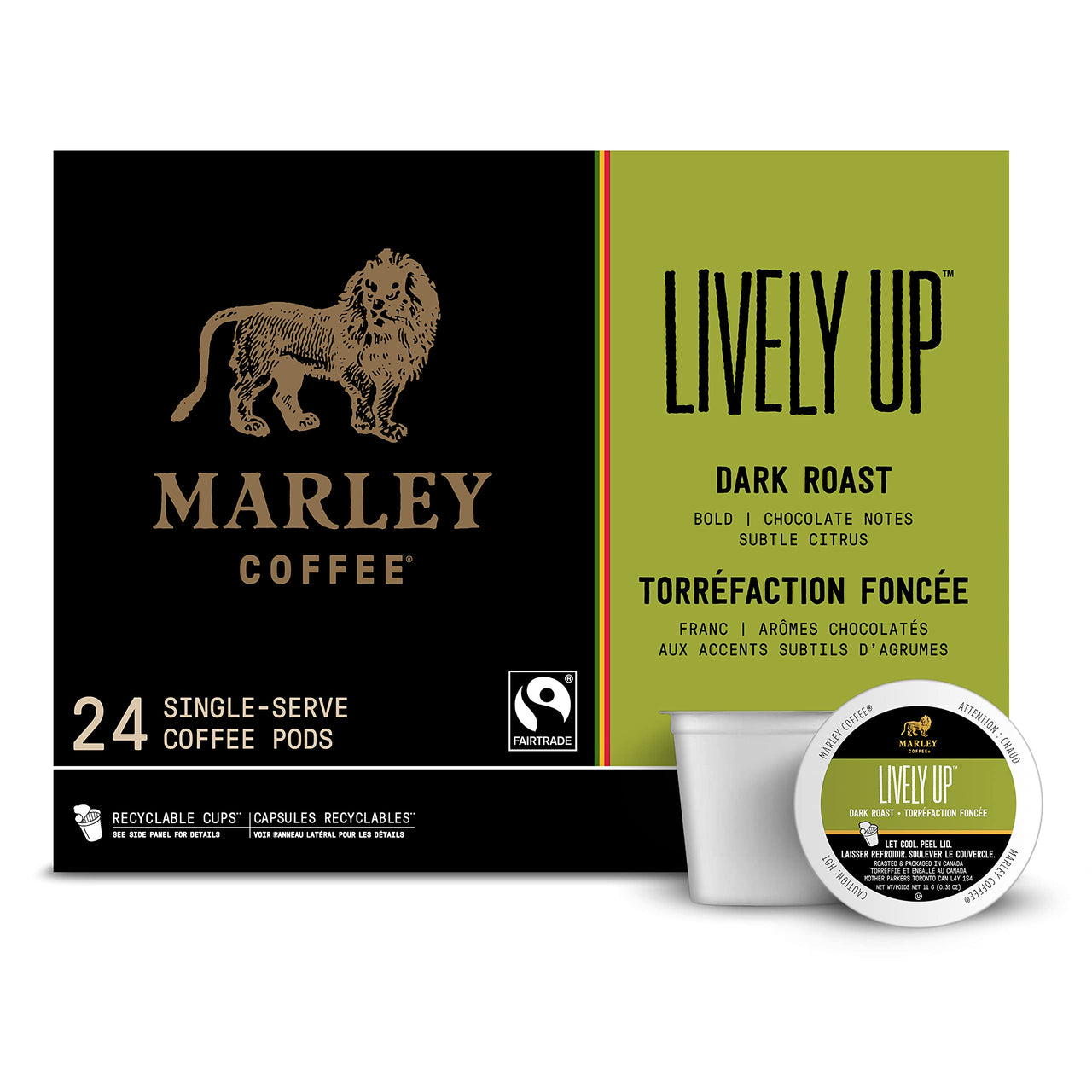 Marley Coffee Lively Up, Fairtrade Certified, Dark Roast Coffee, Keurig K-Cup Brewer Compatible Pods, 24 Count