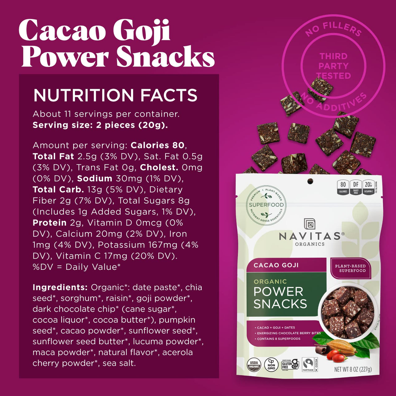 Navitas Organics Superfood Power Snacks, Cacao Goji, 8 oz. Bag, 11 Servings  Organic, Non-GMO, Gluten-Free