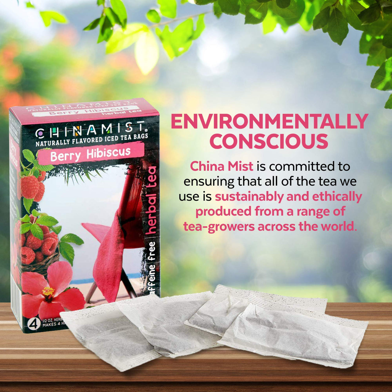 China Mist Iced Tea Naturally Flavored Herbal, Each Tea Bag Yields 1/2 Gallon Berry Hibiscus 4 Count