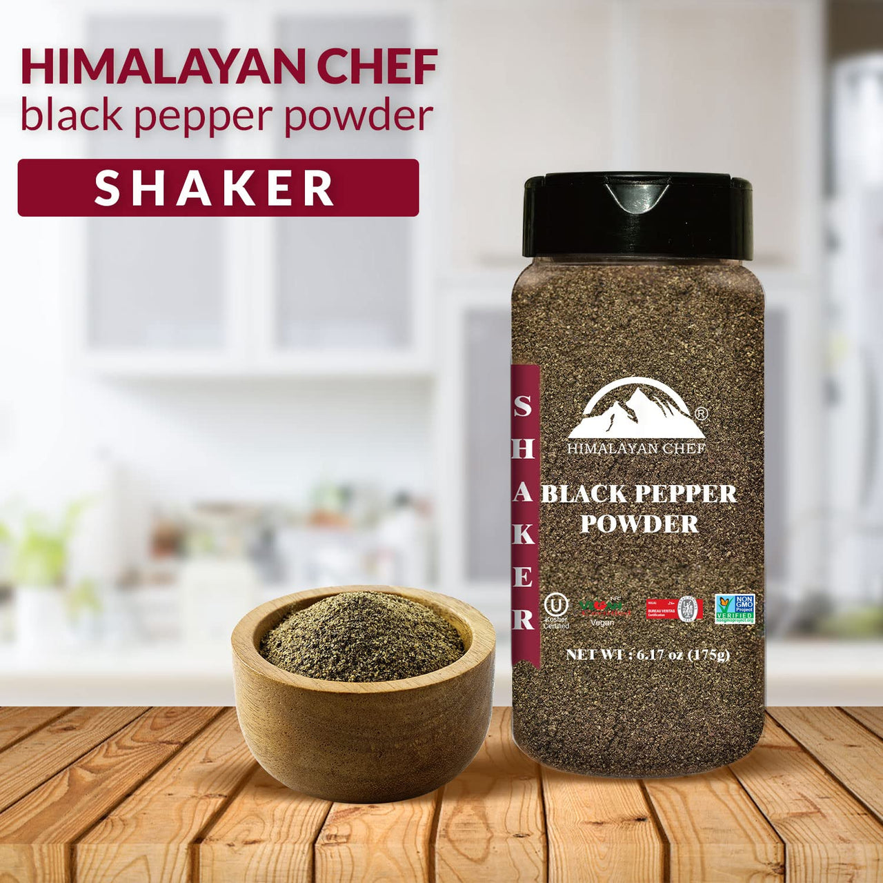 Himalayan Chef Organic Black Pepper Powder - 6.17Oz (175g), Free from Artificial Colors & Additives, Non GMO & Kosher Certified, Pepper Shaker