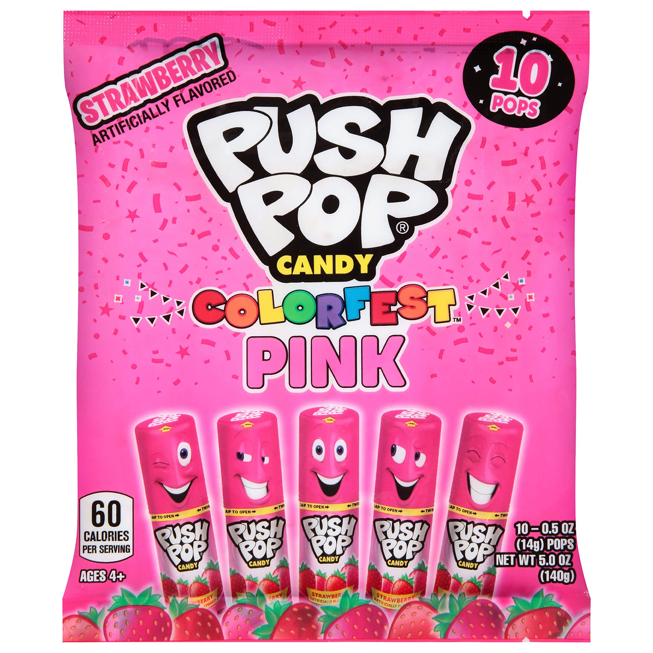 Push Pop Pink Colorfest - Pink Strawberry Lollipops Easter Bulk Candy - 10 Count Individually Wrapped Lollipops - Easter Basket Stuffer Assorted Candy - Fun Candy for Easter Egg Hunts