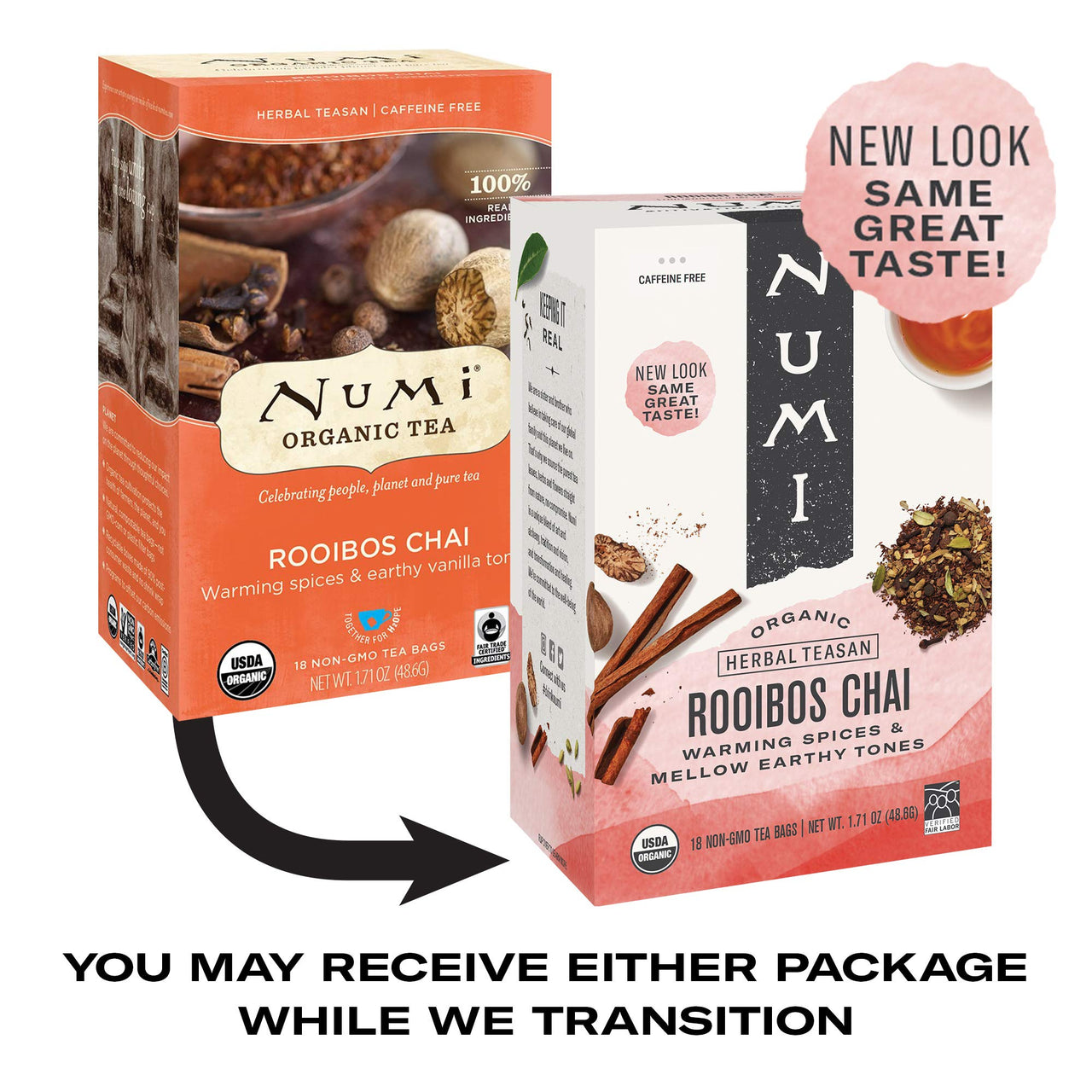 Numi Organic Tea Rooibos Chai, 18 Count Box of Tea Bags, Herbal Teasan, Caffeine-Free (Packaging May Vary)