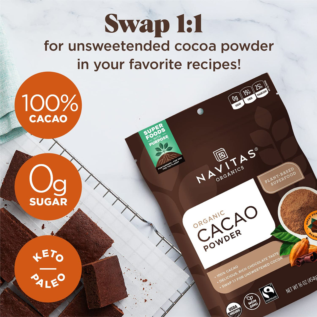 Navitas Organics Cacao Powder, 8oz. Bag, 15 Servings  Organic, Non-GMO, Fair Trade, Gluten-Free