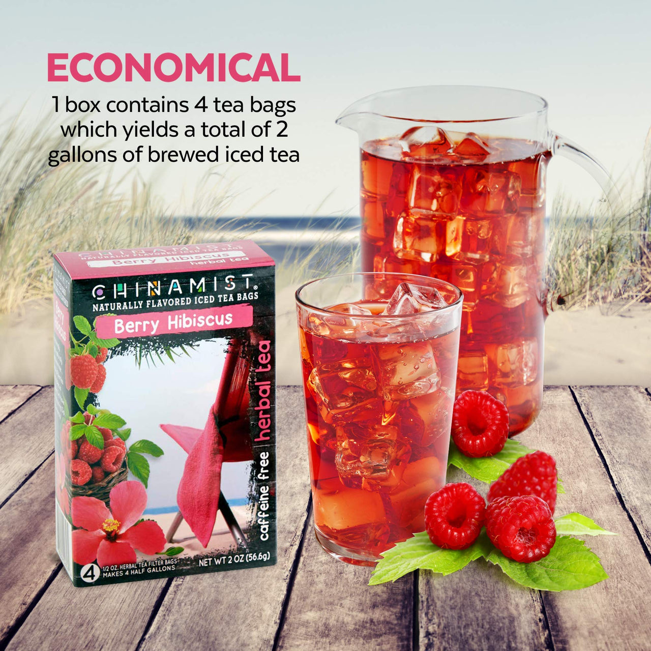 China Mist Iced Tea Naturally Flavored Herbal, Each Tea Bag Yields 1/2 Gallon Berry Hibiscus 4 Count