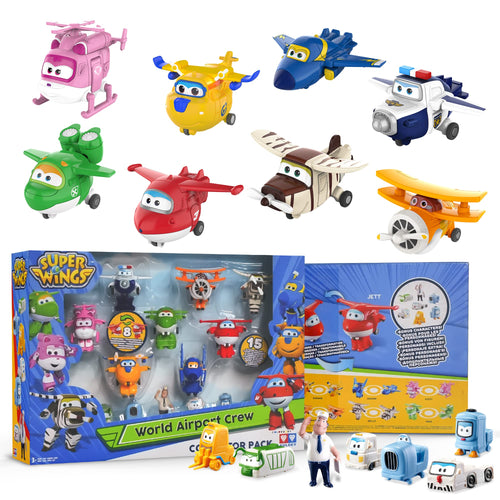 Super Wings Toys, Transformer Toys 2 Inch, Airplane Toy for Kids 3-5 Years Old, 15 Packs Transforming Jet Playset, Real Mobile Wheels, Birthday Party Supplies for Preschool Boys and Girls World Airport Crew