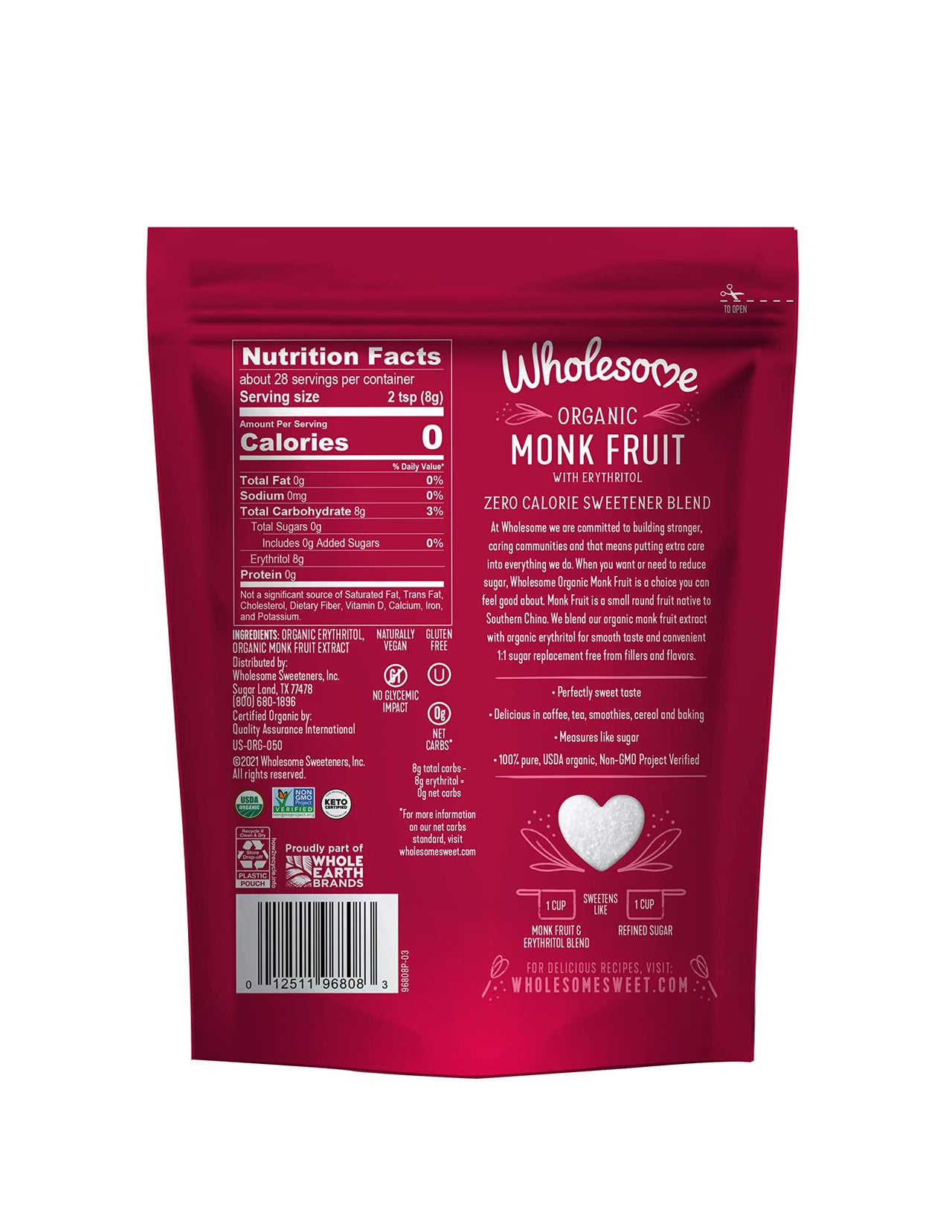 Wholesome Sweeteners Organic Monk Fruit Sweetener Zero Calorie Keto Certified No Glycemic Impact Non GMO Gluten Free Vegan oz. Pack of 1, 8 Ounce, (Packaging May Vary)
