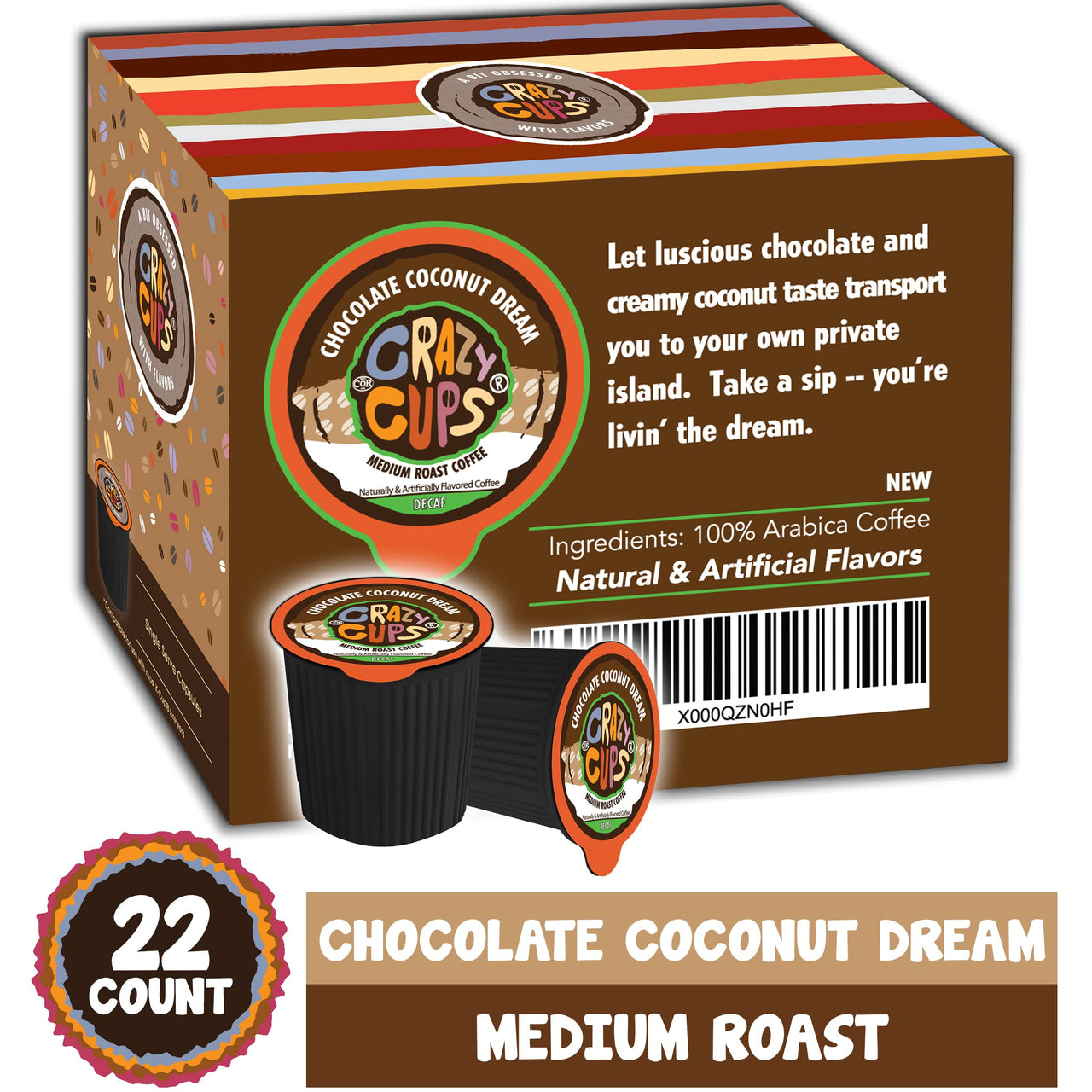 Crazy Cups Flavored Decaf Hot or Iced Coffee, for the Keurig K Cups 2.0 Brewers, Chocolate Coconut Dream, 22 Count