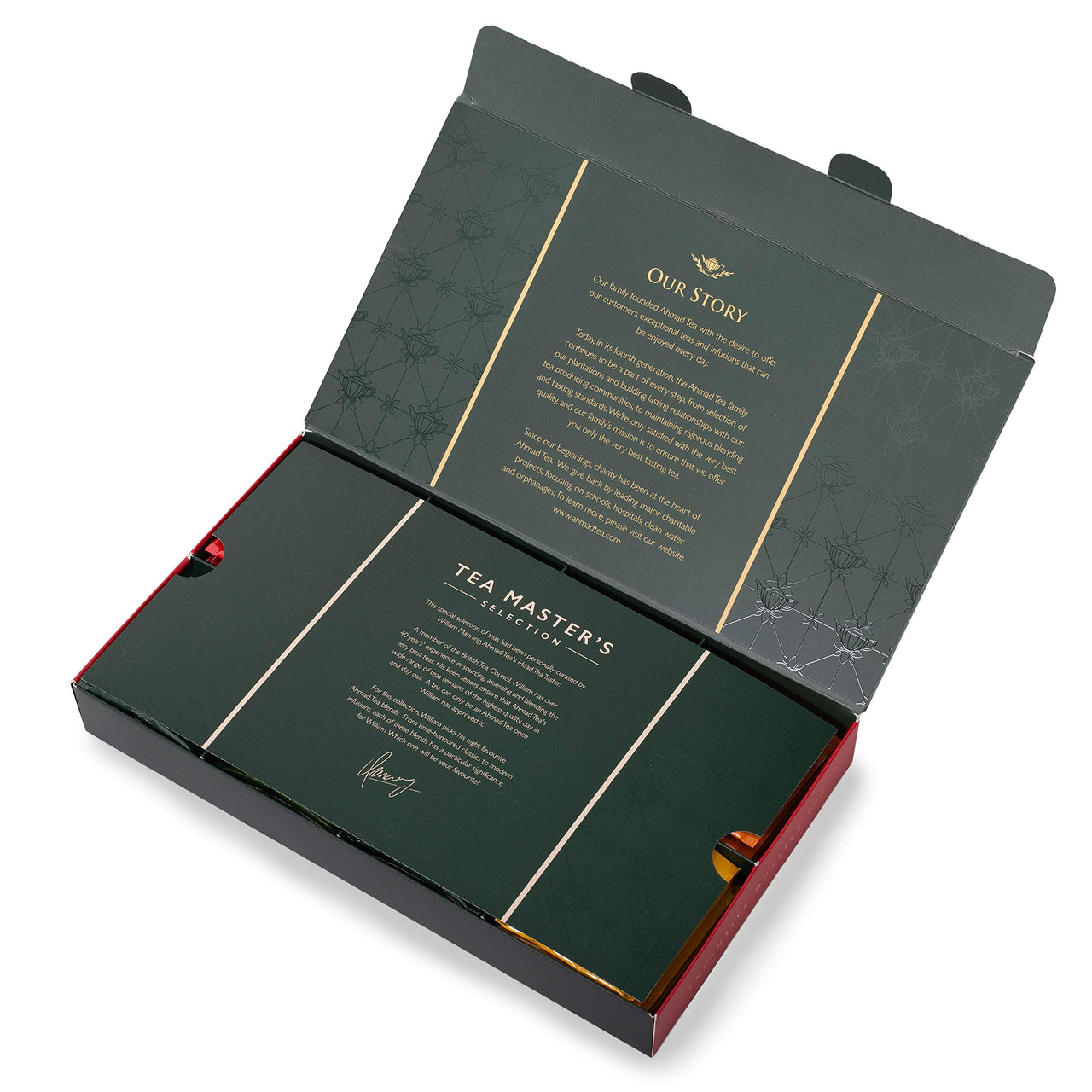 Ahmad Tea Black, Green, & Herbal Teas, Tea Master's  Selection Red & Green Gift Box, Variety of 8 Teas, Teabags 48 ct - Caffeinated, Decaffeinated, and Sugar-Free