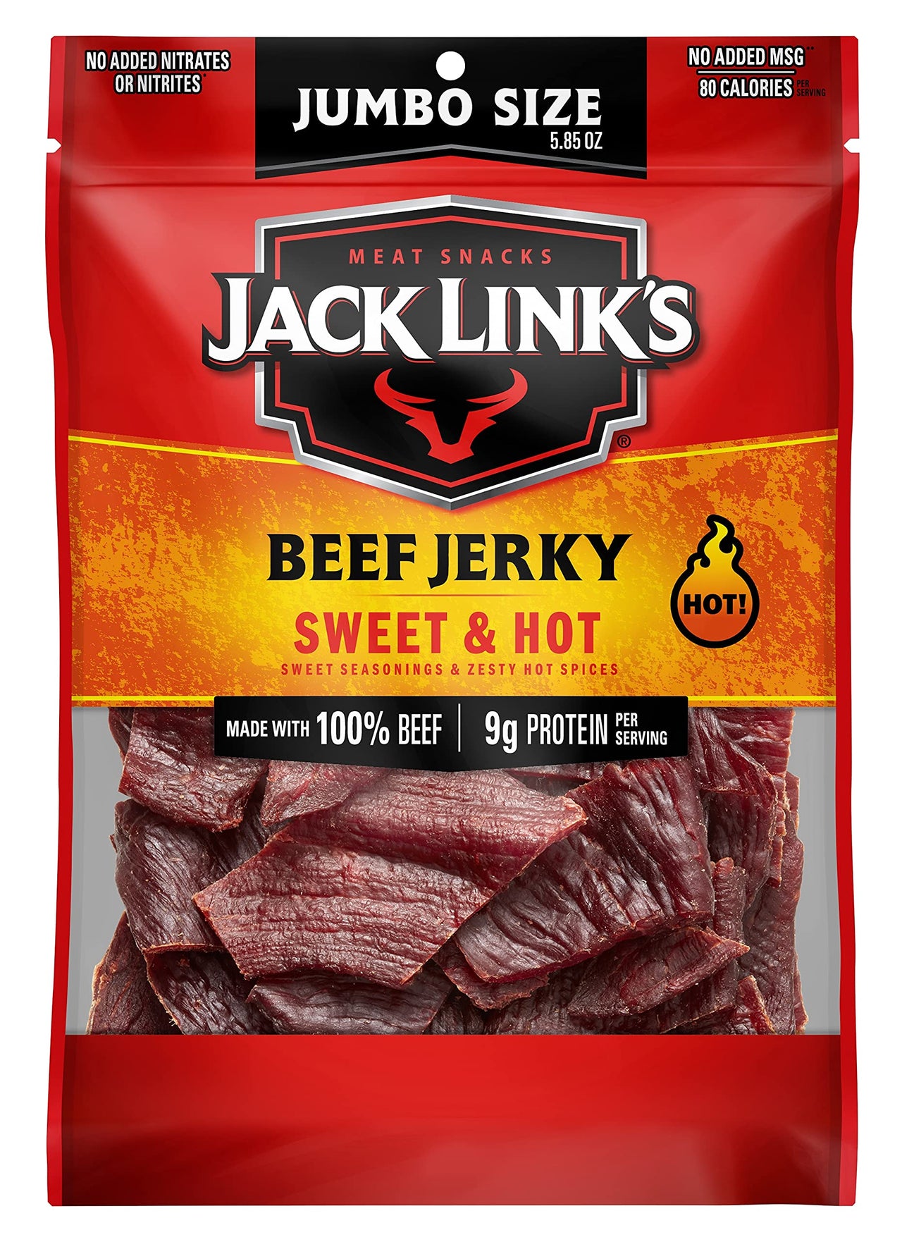 Jack Link's  Beef Jerky, Sweet & Hot, Spicy Meat Snack  9g of Protein & 80 Calories, Made with Premium Beef, No added MSG** or Nitrates/Nitrites, 5.85 oz