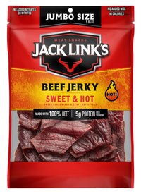 Jack Link's  Beef Jerky, Sweet & Hot, Spicy Meat Snack  9g of Protein & 80 Calories, Made with Premium Beef, No added MSG** or Nitrates/Nitrites, 5.85 oz