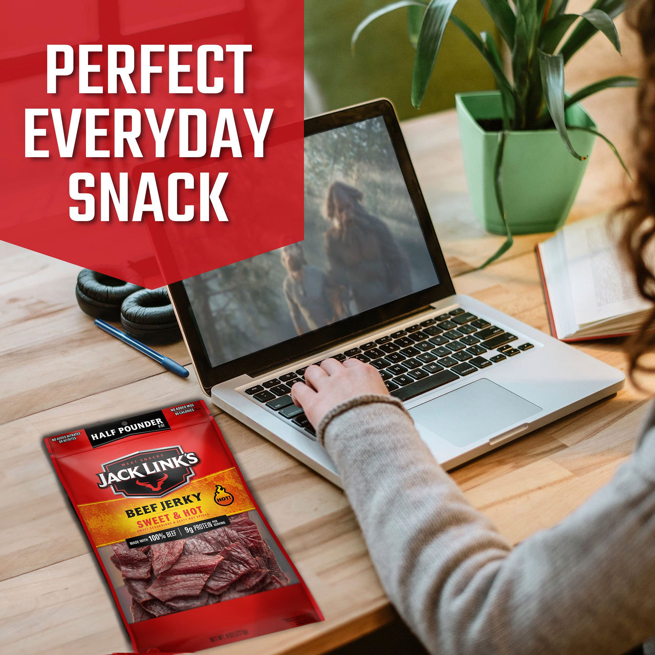 Jack Link's  Beef Jerky, Sweet & Hot,  Pounder Bag - Flavorful Meat Snack, 9g of Protein and 80 Calories, Made with Premium Beef - 96 Percent Fat Free, No Added MSG or Nitrates/Nitrites