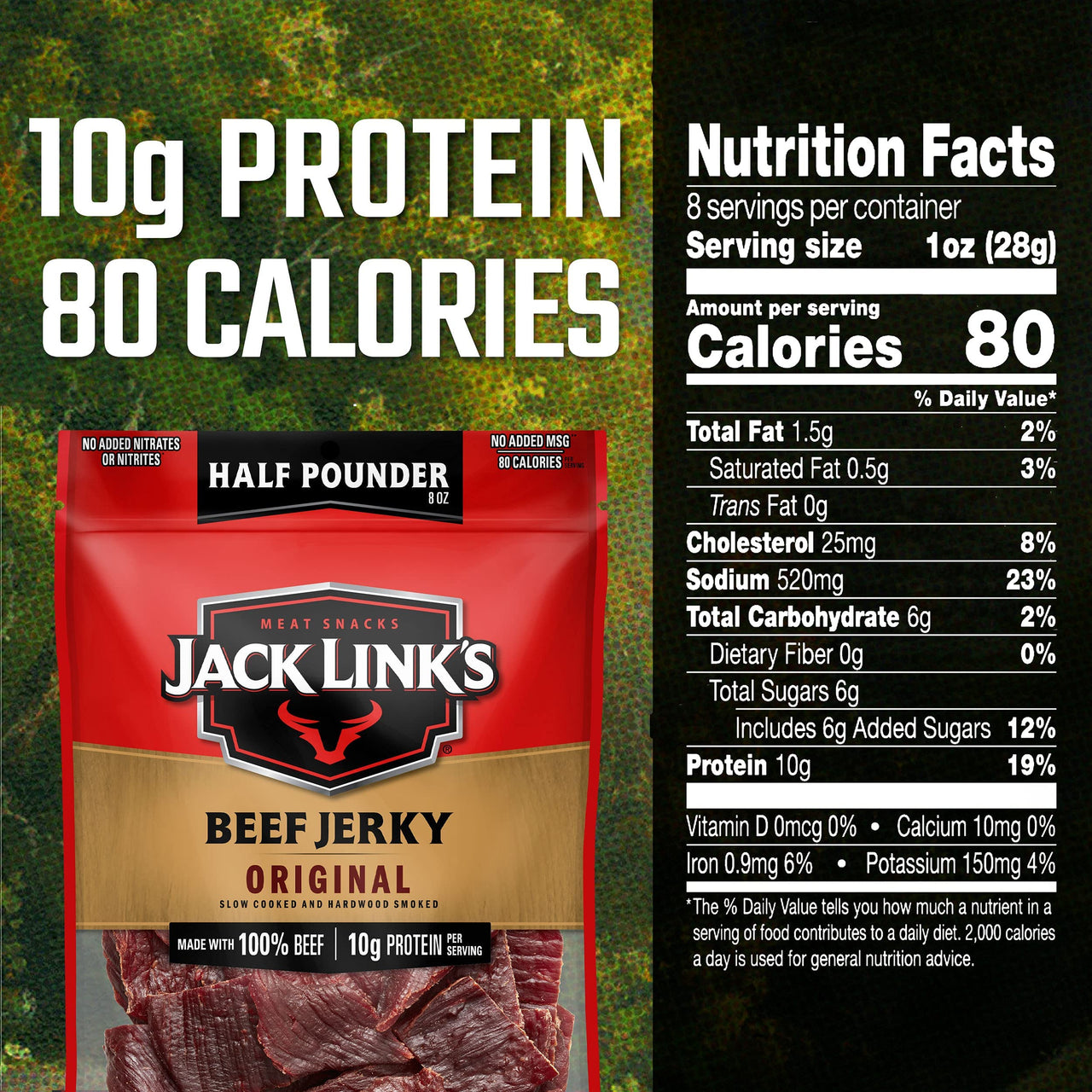 Jack Link's  Beef Jerky, Original, 1/2 Pounder Bag - Flavorful Meat Snack, 10g of Protein and 80 Calories, Made with Premium Beef - 96% Fat Free, No Added MSG** or Nitrates/Nitrites, 8oz