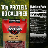 Jack Link's  Beef Jerky, Original, 1/2 Pounder Bag - Flavorful Meat Snack, 10g of Protein and 80 Calories, Made with Premium Beef - 96% Fat Free, No Added MSG** or Nitrates/Nitrites, 8oz