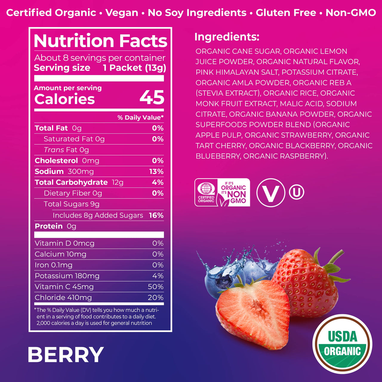 Organic Rapid Hydration Packets by Orgain, Berry Hydro Boost - Packed with Electrolytes & Superfoods, Less Sugar, Gluten Free, Vegan, No Soy Ingredients or Artificial Flavors, Non-GMO (Pack of 8)