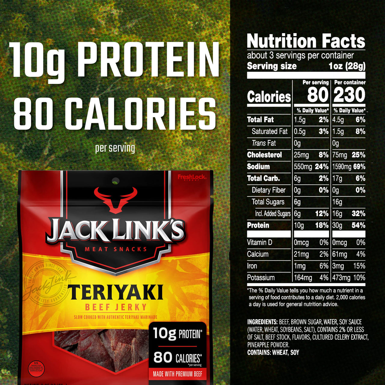 Jack Link's  Beef Jerky, Teriyaki Flavor, 2.85 Oz - Flavorful Meat Snack, 10g Of Protein And 80 Calories, Made With Premium Beef - 95 Percent Fat Free, No Added MSG Or Nitrates/Nitrites