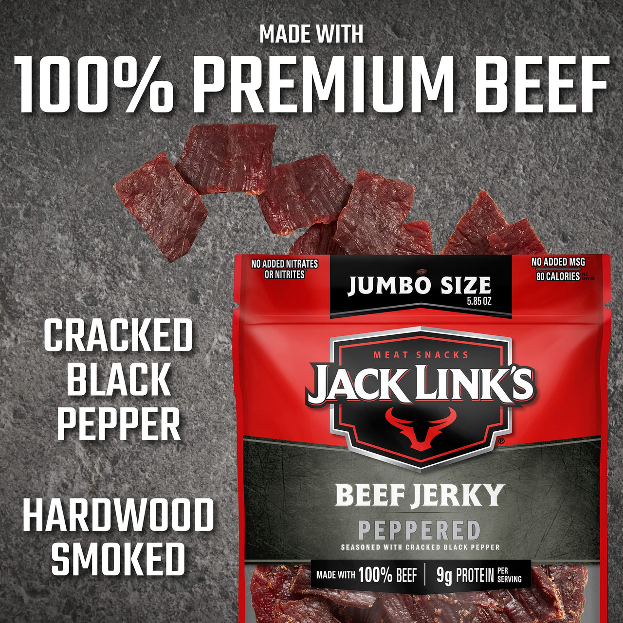 Jack Link's  Beef Jerky, Peppered, Sharing Size Bag  Meat Snack with 9g of Protein & 80 Calories, Made with Premium Beef, No added MSG** or Nitrates/Nitrites, 5.85oz