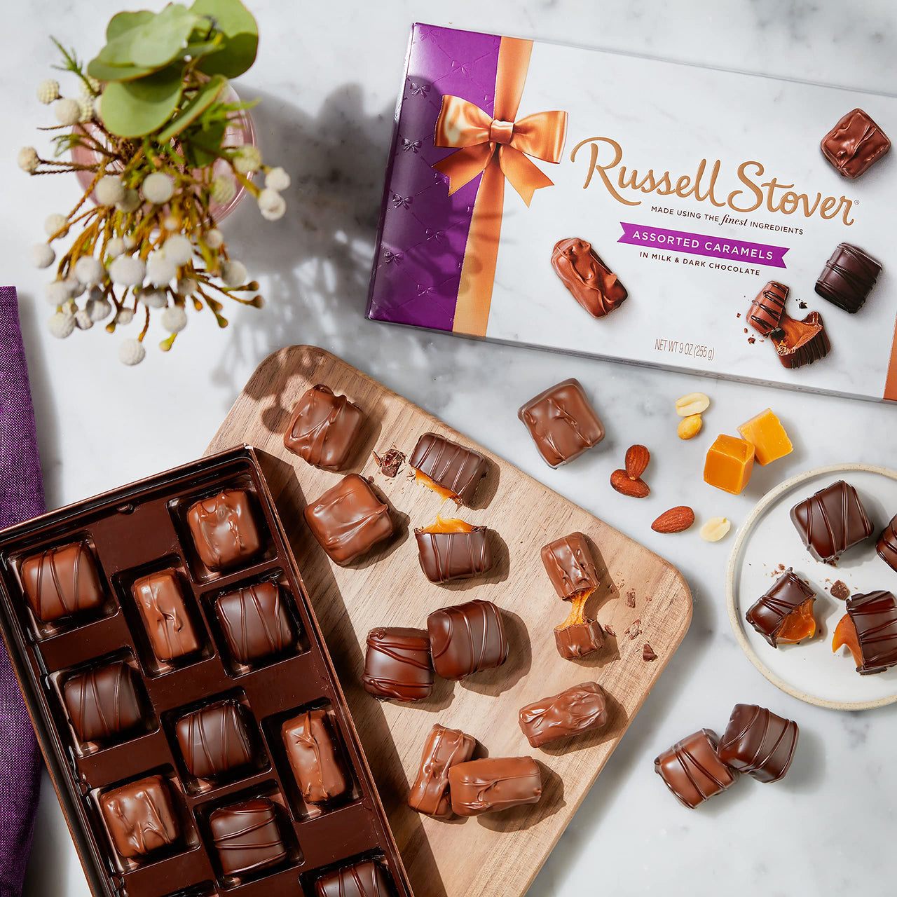 Russell Stover, Assorted Caramels in Milk and Dark Chocolate, Chocolate Gift Box, 9 Ounce