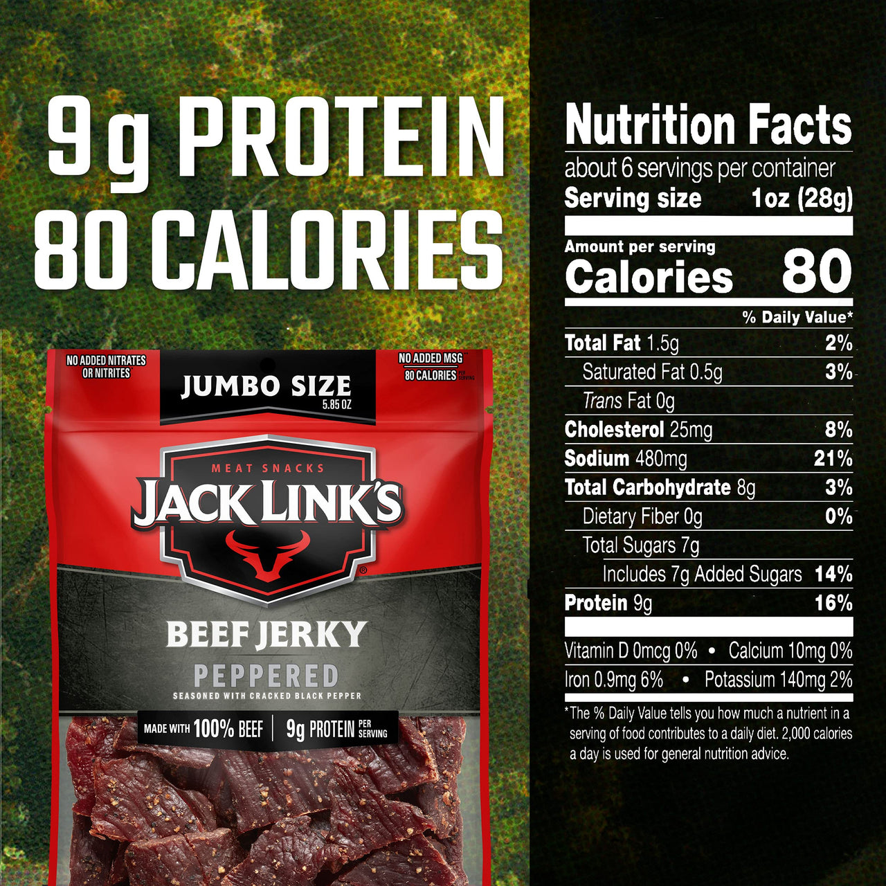 Jack Link's  Beef Jerky, Peppered, Sharing Size Bag  Meat Snack with 9g of Protein & 80 Calories, Made with Premium Beef, No added MSG** or Nitrates/Nitrites, 5.85oz