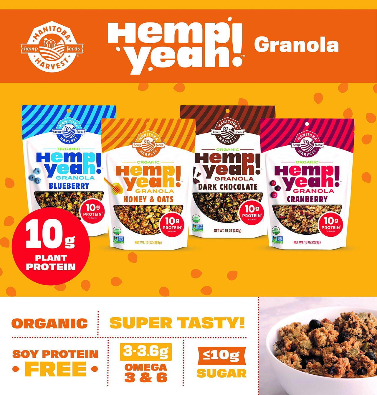 Manitoba Harvest Hemp Yeah! Granola, Dark Chocolate, 10oz, with 10 g of Protein, 3.6 g Omegas, 3 g of Fiber and less than 10 g Sugar Per Serving, Organic, Non-GMO, Packaging May Vary