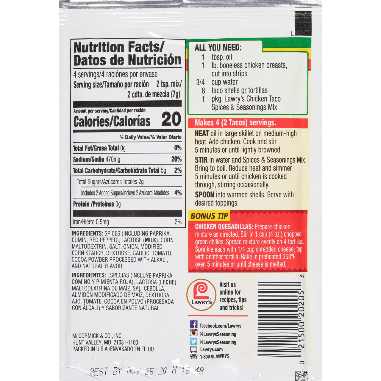 Lawry's  Chicken Taco Spices & Seasonings Mix, 1 oz