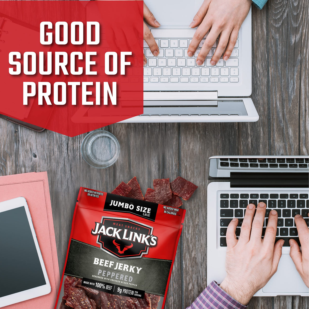 Jack Link's  Beef Jerky, Peppered, Sharing Size Bag  Meat Snack with 9g of Protein & 80 Calories, Made with Premium Beef, No added MSG** or Nitrates/Nitrites, 5.85oz