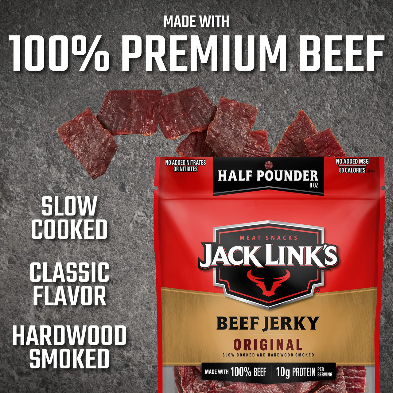 Jack Link's  Beef Jerky, Original, 1/2 Pounder Bag - Flavorful Meat Snack, 10g of Protein and 80 Calories, Made with Premium Beef - 96% Fat Free, No Added MSG** or Nitrates/Nitrites, 8oz
