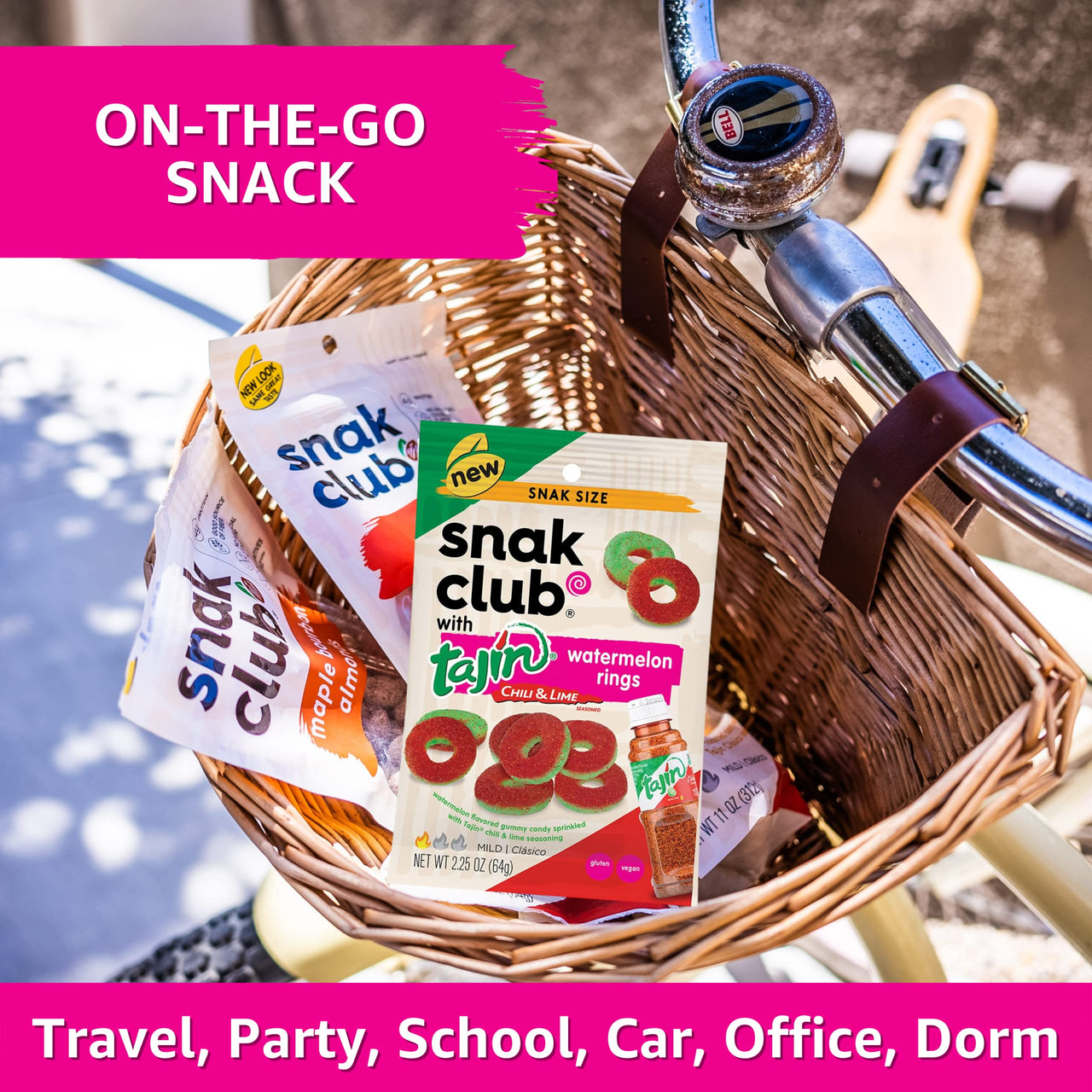 Snak Club Tajin Watermelon Rings, Chili & Lime Sweet & Spicy Gummy Snacks, Mild in Heat Bold in Flavor, Gluten-Free Snack, 5oz Resealable Bag, 6 Count