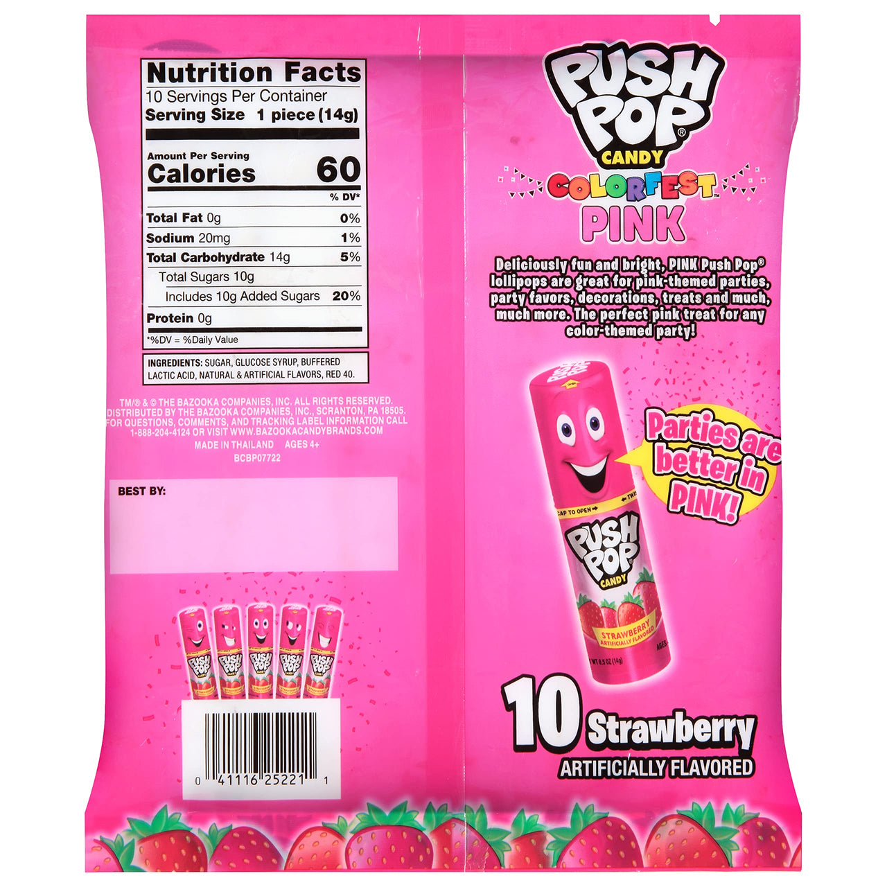 Push Pop Pink Colorfest - Pink Strawberry Lollipops Easter Bulk Candy - 10 Count Individually Wrapped Lollipops - Easter Basket Stuffer Assorted Candy - Fun Candy for Easter Egg Hunts