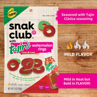 Snak Club Tajin Watermelon Rings, Chili & Lime Sweet & Spicy Gummy Snacks, Mild in Heat Bold in Flavor, Gluten-Free Snack, 5oz Resealable Bag, 6 Count