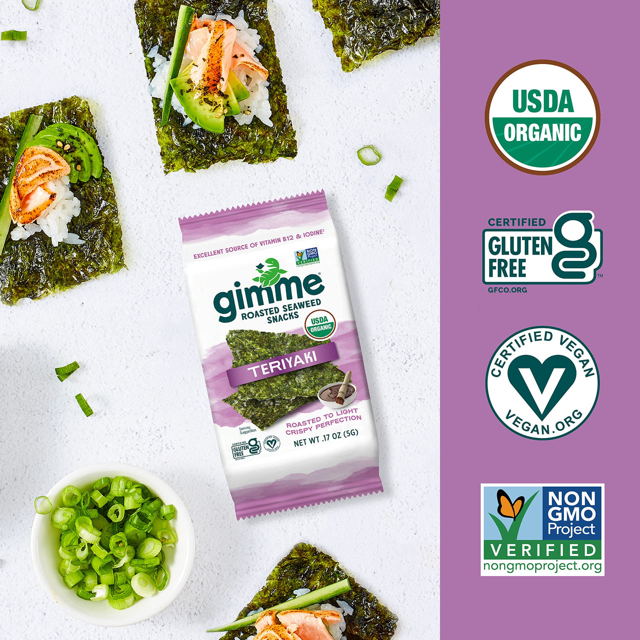 gimMe - Teriyaki - 12 Count (17oz)- Organic Roasted Seaweed Sheets - Keto, Vegan, Gluten Free - Great Source of Iodine & Omega 3s - Healthy On-The-Go Snack for Kids & Adults