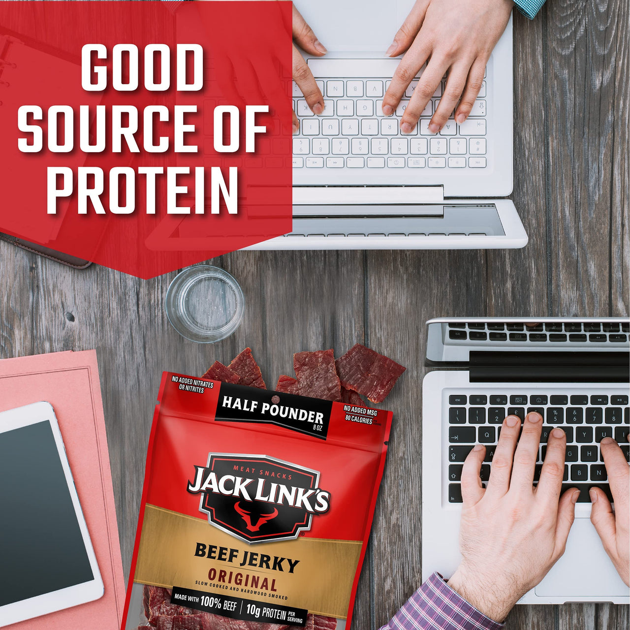 Jack Link's  Beef Jerky, Original, 1/2 Pounder Bag - Flavorful Meat Snack, 10g of Protein and 80 Calories, Made with Premium Beef - 96% Fat Free, No Added MSG** or Nitrates/Nitrites, 8oz