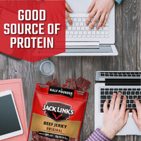 Jack Link's  Beef Jerky, Original, 1/2 Pounder Bag - Flavorful Meat Snack, 10g of Protein and 80 Calories, Made with Premium Beef - 96% Fat Free, No Added MSG** or Nitrates/Nitrites, 8oz
