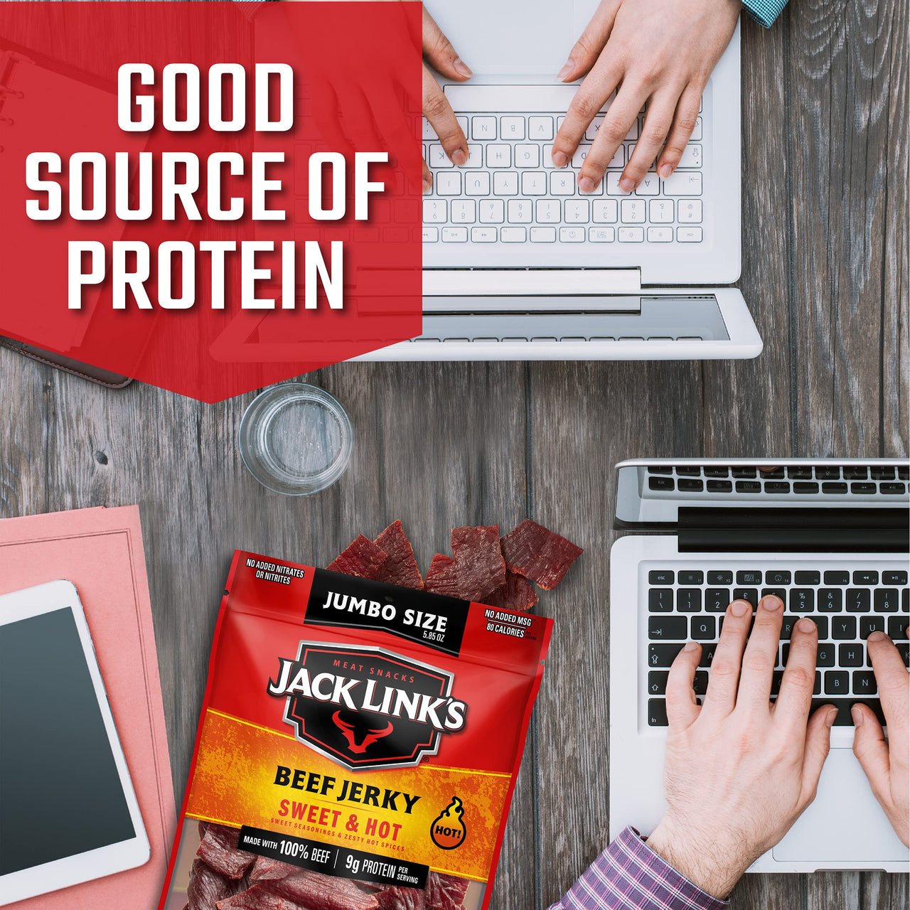Jack Link's  Beef Jerky, Sweet & Hot, Spicy Meat Snack  9g of Protein & 80 Calories, Made with Premium Beef, No added MSG** or Nitrates/Nitrites, 5.85 oz