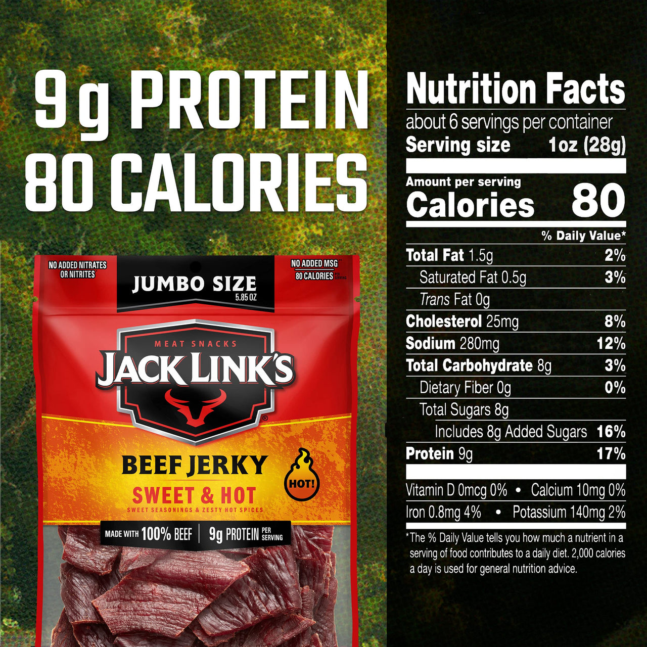 Jack Link's  Beef Jerky, Sweet & Hot, Spicy Meat Snack  9g of Protein & 80 Calories, Made with Premium Beef, No added MSG** or Nitrates/Nitrites, 5.85 oz