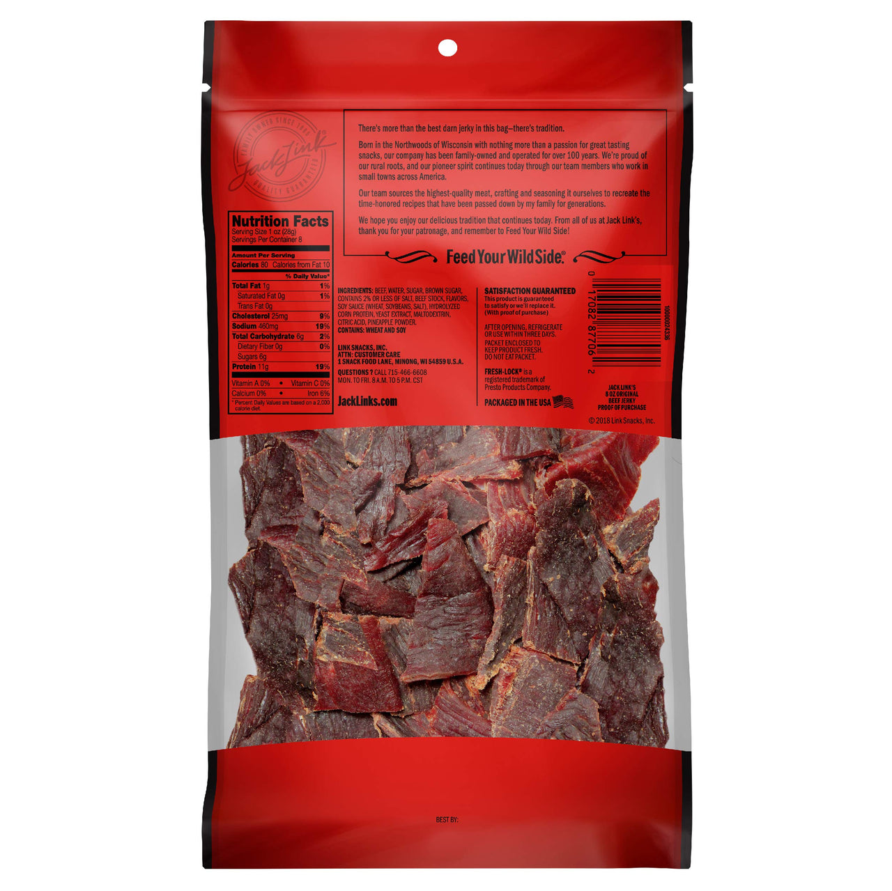 Jack Link's  Beef Jerky, Original, 1/2 Pounder Bag - Flavorful Meat Snack, 10g of Protein and 80 Calories, Made with Premium Beef - 96% Fat Free, No Added MSG** or Nitrates/Nitrites, 8oz