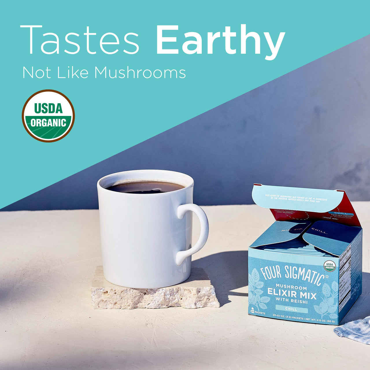 Reishi Mushroom Elixir Mix by Four Sigmatic | Coffee Alternative with Organic Reishi Mushroom Powder, Tulsi, Rose Hips & Mint | Support Stress & Sleep | Decaf, Vegan, Gluten-Free & Keto | 20 Packets