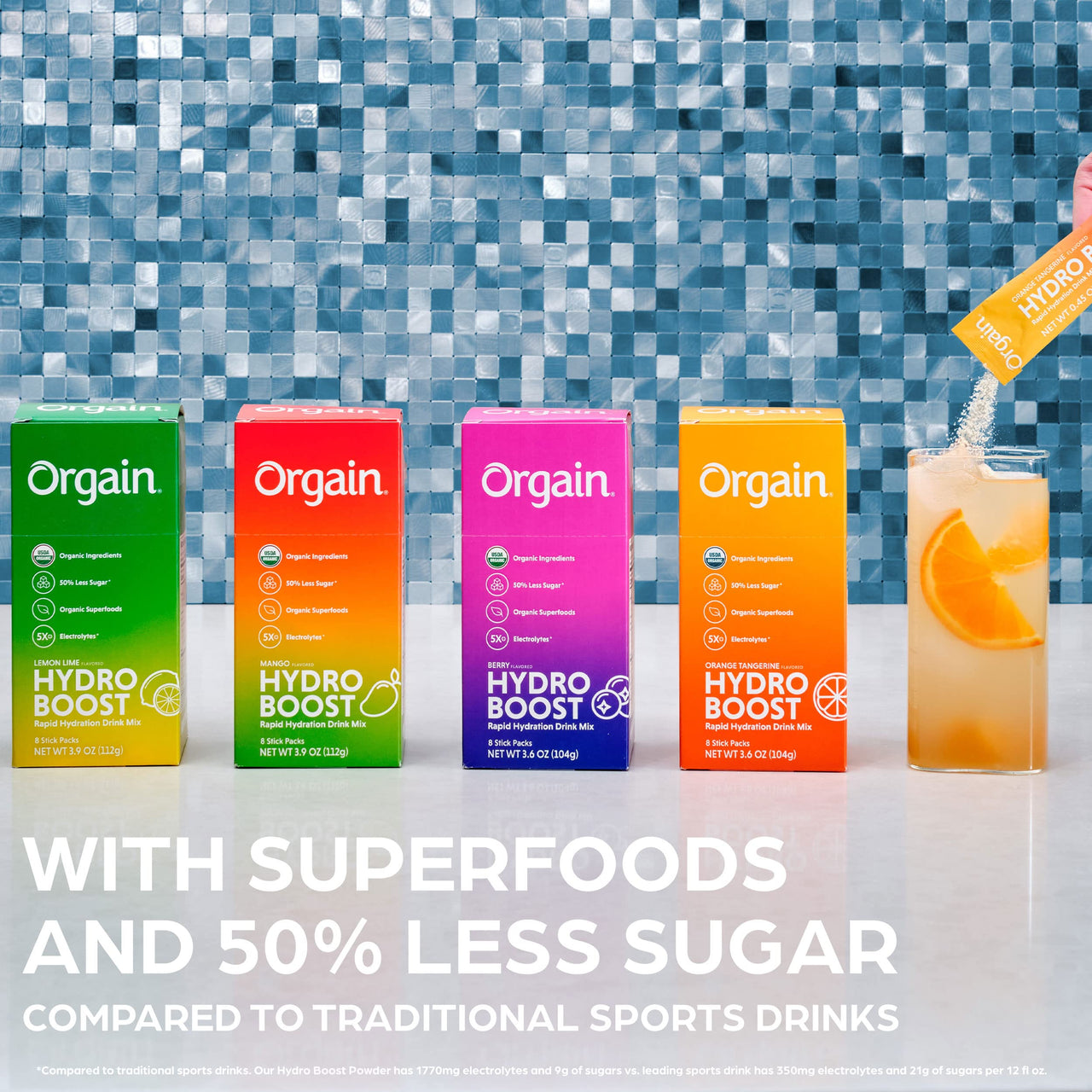 Organic Rapid Hydration Packets by Orgain, Orange Tangerine Hydro Boost - With Electrolytes & Superfoods, Less Sugar, Gluten Free, Vegan, No Soy Ingredients or Artificial Flavors, Non-GMO (Pack of 16)