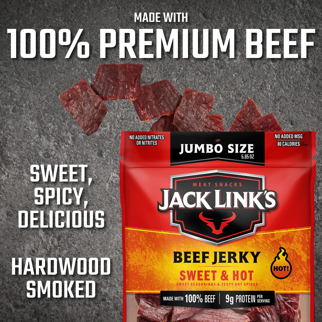 Jack Link's  Beef Jerky, Sweet & Hot, Spicy Meat Snack  9g of Protein & 80 Calories, Made with Premium Beef, No added MSG** or Nitrates/Nitrites, 5.85 oz