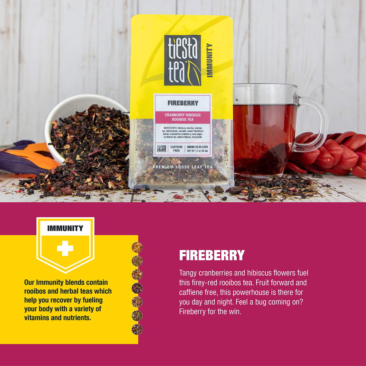 Tiesta Tea - Fireberry, Loose Leaf Cranberry Hibiscus Rooibos Tea, Non-Caffeinated, Hot & Iced Tea, 1.7 oz Pouch - 25 Cups, Natural Flavored, Hibiscus Rooibos Tea Loose Leaf