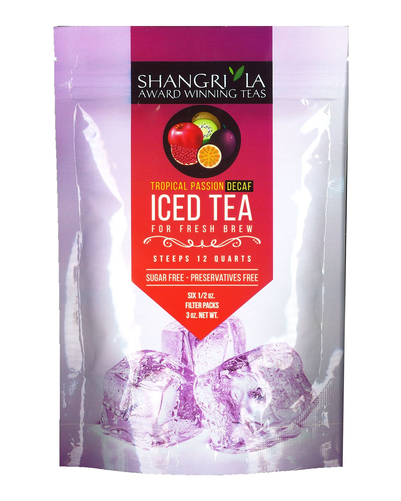 Shangri-La Tea Company Iced, Tropical Passion Decaf, Unsweetened and All Natural, Bag of 6, 1/2 Ounce Pouches (5057)