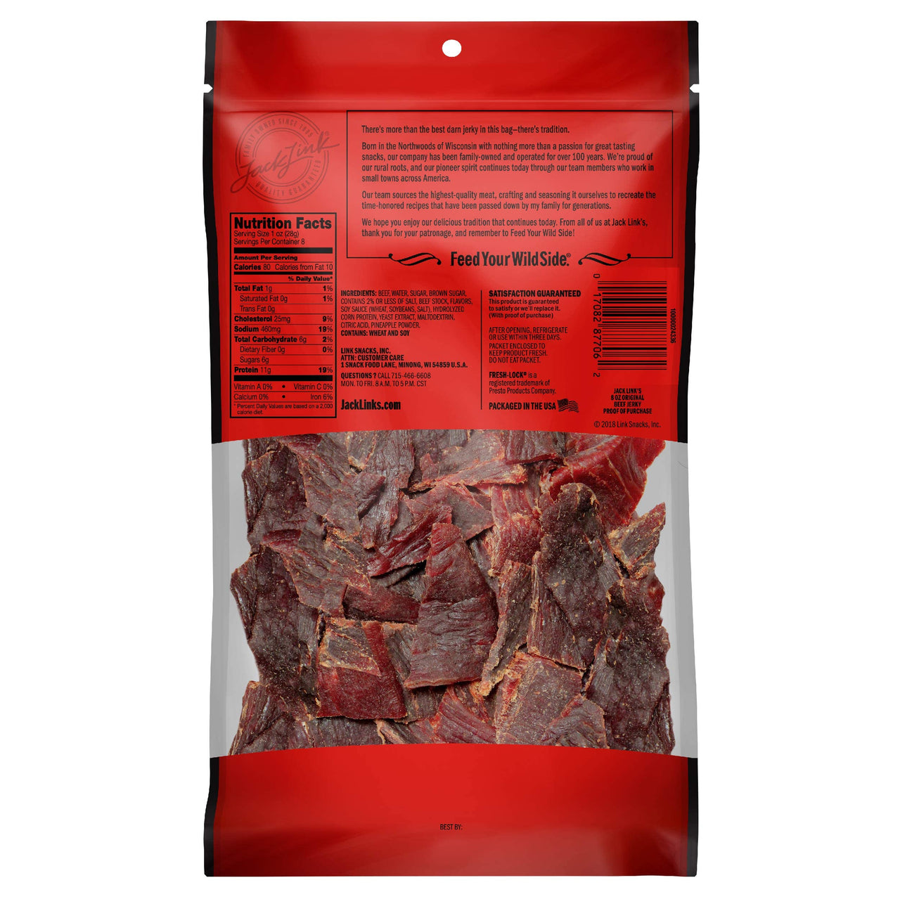 Jack Link's  Beef Jerky, Original, 1/2 Pounder Bag - Flavorful Meat Snack, 10g of Protein and 80 Calories, Made with Premium Beef - 96% Fat Free, No Added MSG** or Nitrates/Nitrites, 8oz